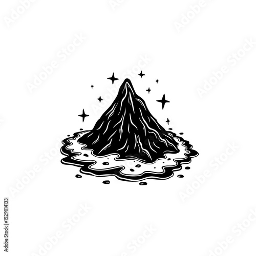 Mystical mountain peak with shimmering stars and reflective water illustration