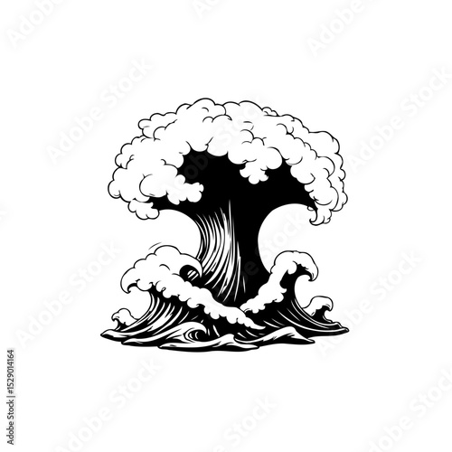 Monochrome illustration of a stylized wave crashing with cloud-like spray