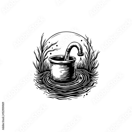 Monochrome illustration of a faucet filling a bucket surrounded by vegetation