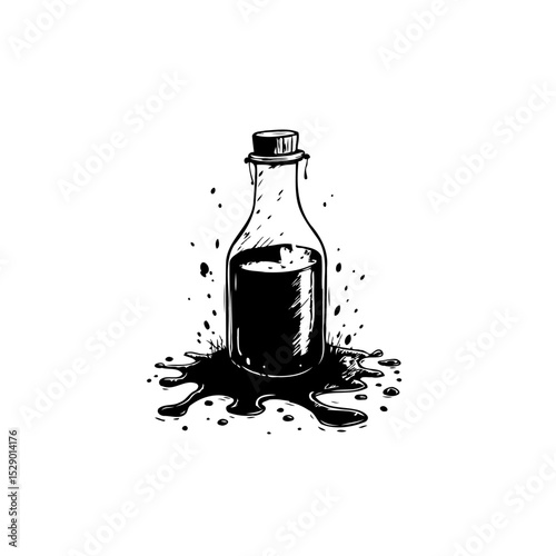Monochromatic antique ink bottle with dark liquid spill in minimalist design