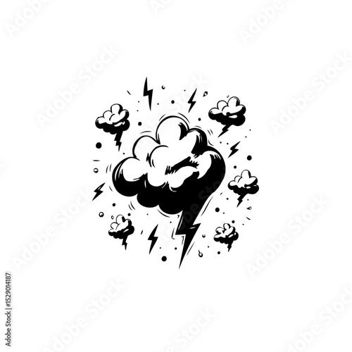 Stylized monochrome weather illustration featuring clouds and lightning bolts around main cloud