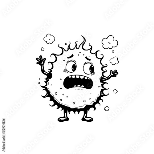 Cartoon germ character with a frightened expression and spiky exterior design