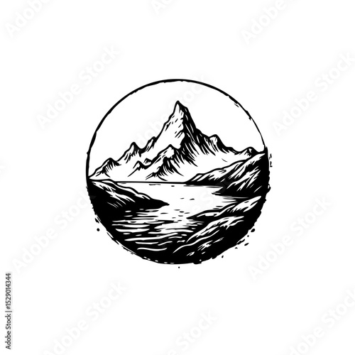 Monochrome mountain landscape illustration in a circle emblem conveying adventure and nature