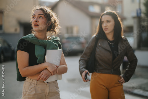 Two women outdoors on a sunny day appear surprised and observant, glancing away. The setting is a residential street, and they seem focused and curious, possibly reacting to something off-camera.