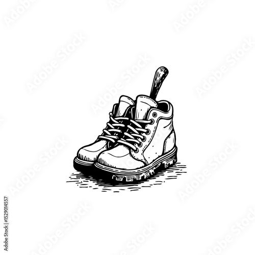 Hand-drawn ink illustration of hiking boots with a spoon inside in black and white