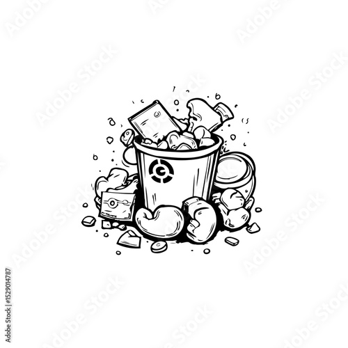 Illustration of overflowing trash can with various waste items in black and white