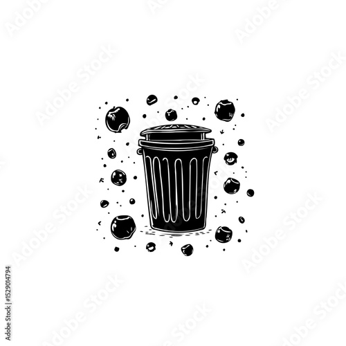 Trash bin amidst floating spheres, a minimalist black and white vector illustration