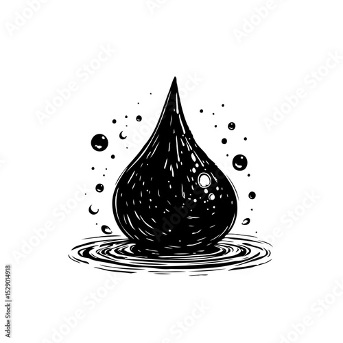 Single black oil drop illustration with ripples symbolizing environmental issues
