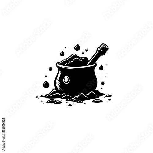 Mysterious potion brewing in a cauldron with a stirring stick in black and white