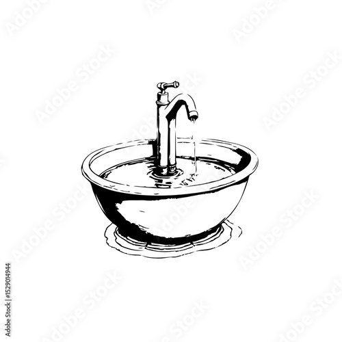 Simple hand-drawn illustration of a basin with a water faucet in black and white
