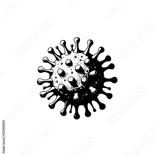 Detailed black and white illustration of a coronavirus particle for scientific purposes
