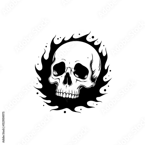 Monochromatic skull illustration surrounded by dark flames for edgy designs