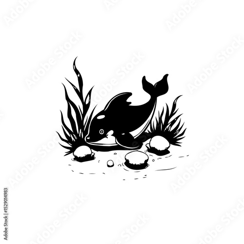 A charming black and white illustration of a dolphin in a tranquil underwater scene