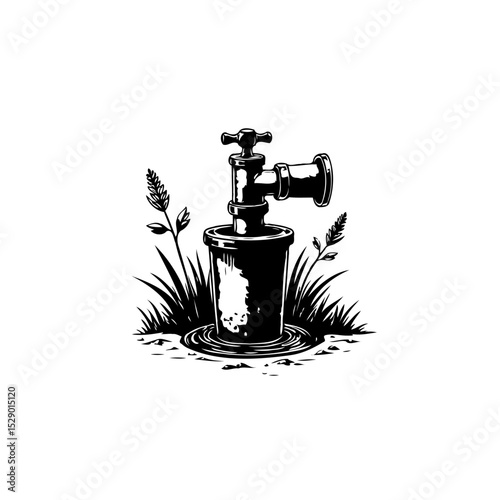 Illustration of a classic water tap amidst lush grass, symbolizing sustainability and conservation