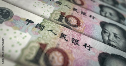 China money Chinese yuan renminbi banknote loop. 10 CNY money texture. Concept of economy, business, crisis, banking, recession, debt and finance. Moving over note loopable seamless 3d.