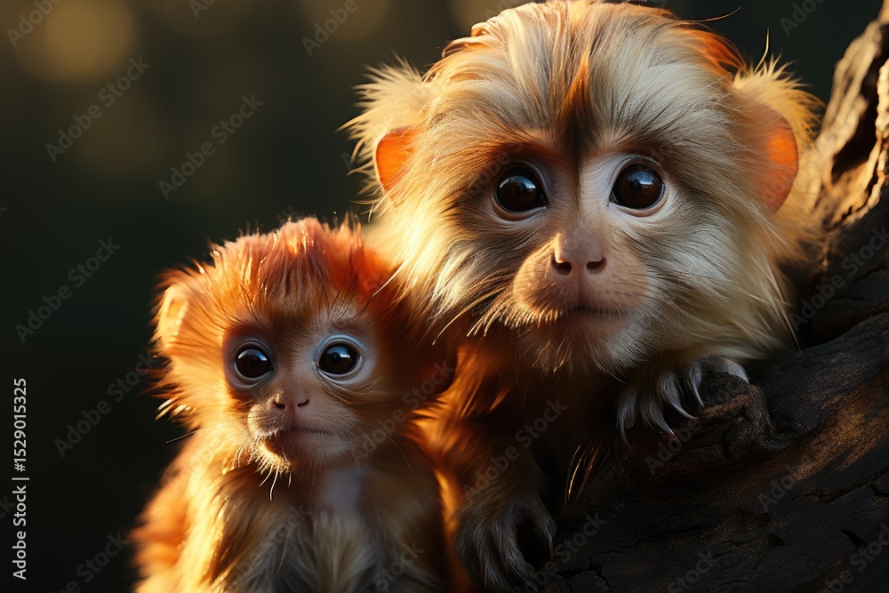 Fototapeta premium A captivating image of two cute monkeys featuring their large, expressive eyes and fluffy fur, highlighting their playful nature and bond in a natural setting.