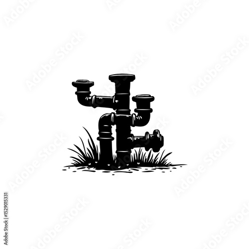 Monochrome illustration showcasing a pipe structure surrounded by grass stalks