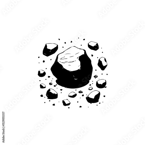 Black and White Ink Drawing of Scattered Rocks and Debris on a White Background
