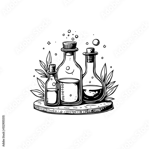 Elegant illustration of assorted glass bottles with liquid on wooden surface