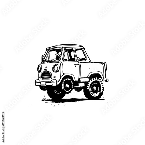 Retro off-road vehicle illustration with bold lines against a clean white backdrop