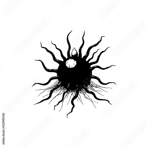 Stylized Dark Entity Ink Drawing with Radial Tentacles and Central Eye-Like Feature