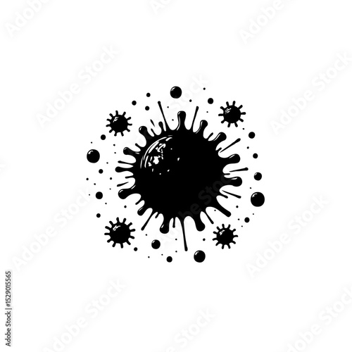 Monochrome representation of a microorganism with radiating spikes and spheres