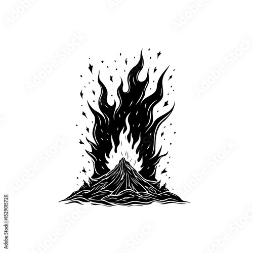 Monochromatic illustration of a volcanic eruption spewing flames into the atmosphere
