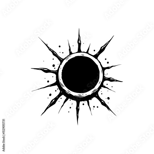 Stylized Dark Sun Vector Illustration with Grunge Texture and Sharp Rays Design