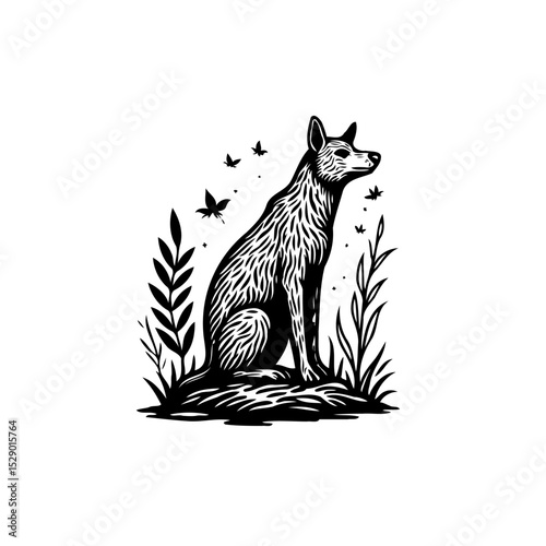 Elegant monochrome illustration of a wild fox surrounded by nature's charm
