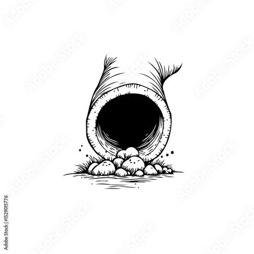 Monochrome depiction of a tunnel entrance filled with rocks and foliage detail