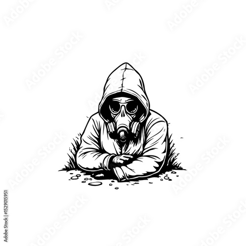 Mysterious figure in hoodie and gas mask illustration, isolated on white background