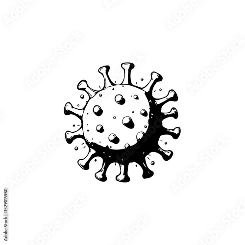 Detailed monochrome illustration of a virus cell with prominent spikes and spots