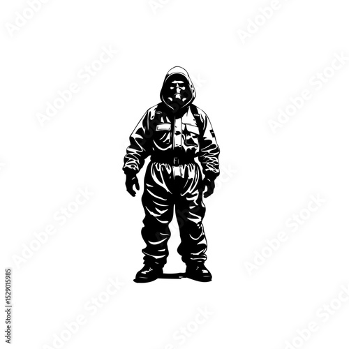 Isolated hazmat suit illustration in black and white providing stark imagery for potential dangers