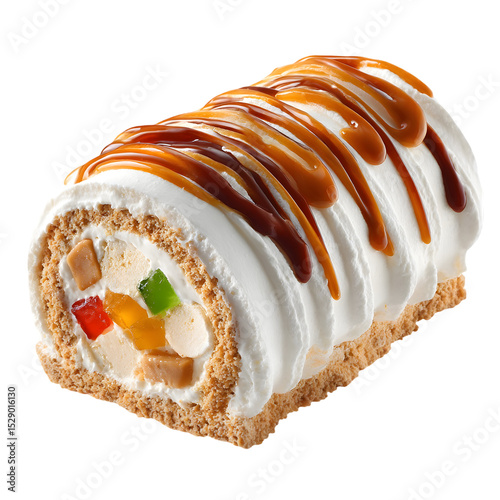 Sweet Indulgence: A close-up shot of a delectable dessert roll, featuring a fluffy cream exterior and drizzled with rich caramel sauce. This treat is sure to satisfy your sweet tooth