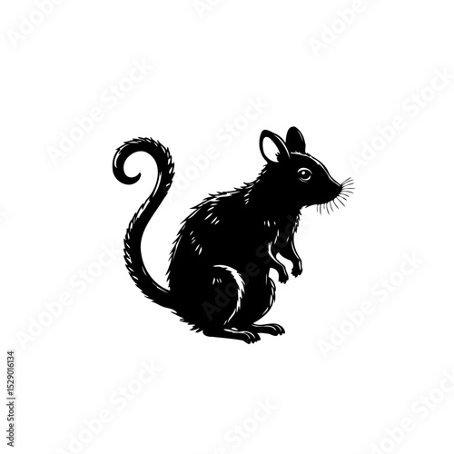 Detailed Black and White Illustration of a Mouse Standing on its Hind Legs