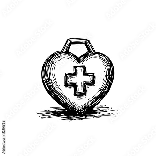 Heart with cross in sketch style illustration of medical and healthcare concept