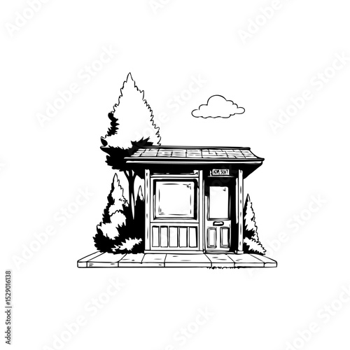 Simple black and white bus stop shelter sketch illustration for transportation