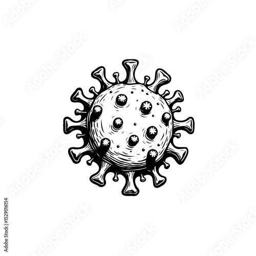 Intricate hand-drawn illustration of coronavirus structure with detailed elements