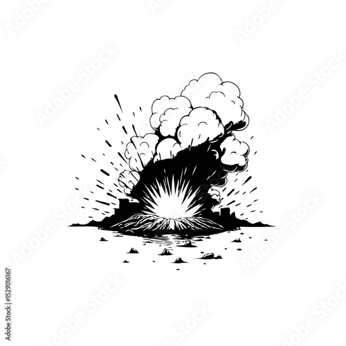 Stylized volcanic eruption illustration with dramatic clouds and debris field