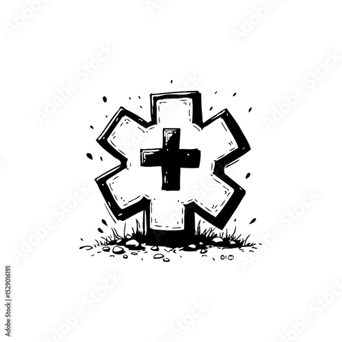 Medical Cross Symbol Black and White Drawing with Rough Edges and Unique Style
