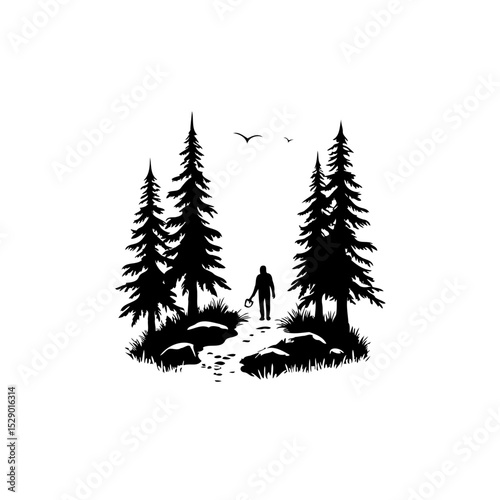Serene silhouette: Person walking through a minimalist forest with towering pines