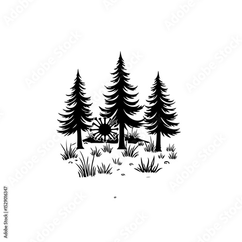 Serene forest landscape silhouette with evergreen trees and a distant sunrise