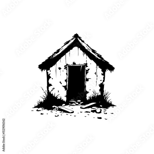 Rustic charm: Black and white sketch of an old shack on a white background