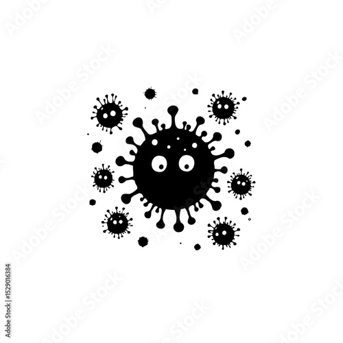 Humorous depiction of a virus with eyes in black and white illustration