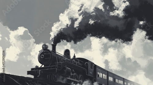 Vintage steam locomotive train puffing dark smoke against a cloudy sky.