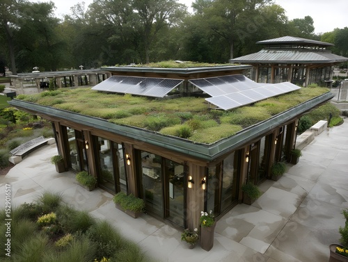 Green eco-friendly pavilion featuring solar panels energizes sustainable outdoor living spaces with sleek dimensional design