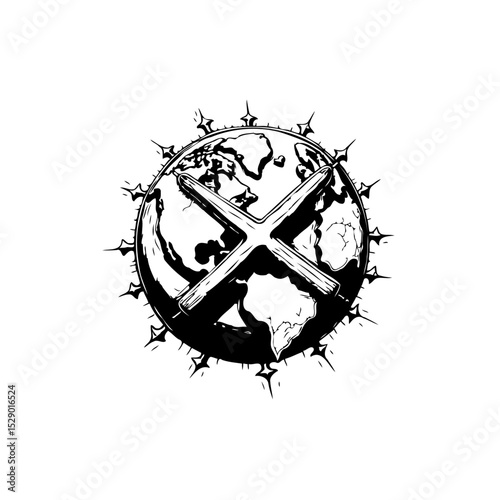 Global Conflict Illustration: Stylized World Globe with X Mark and Spiked Outline