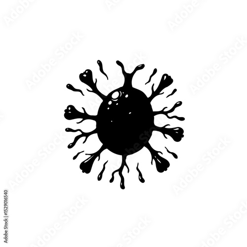 Stylized vector illustration of a virus or pathogen in black and white minimal design