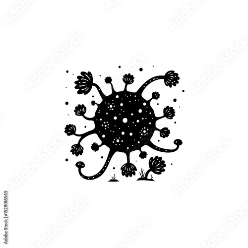 Monochrome illustration of a stylized virus cell with rounded features and spikes