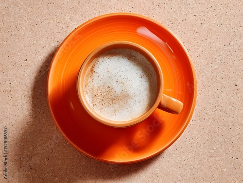 Glossy Tangerine Ceramic Saucer Holding Frothy Coffee Foam Art Perfect for Stylish Morning Beverage Presentation
